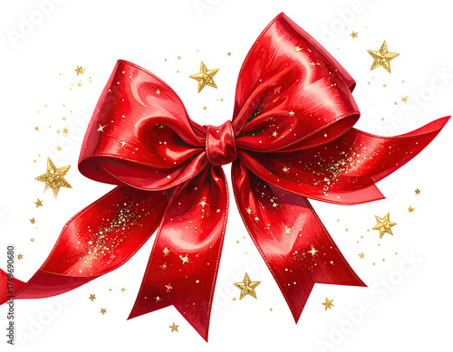 Festive red ribbon bow adorned with golden stars
