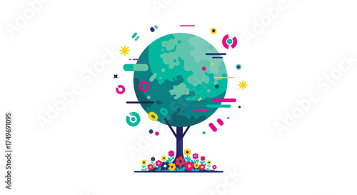 An abstract digital illustration of a vibrant green tree with colorful flowers at its base surrounded by abstract geometric shapes and lines.