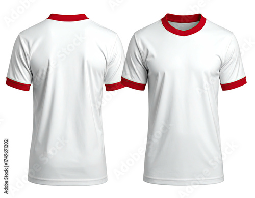 Two views of a blank white t-shirt with a red collar and cuffs