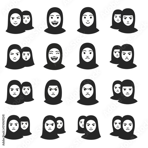 Muslim women in hijab avatar icons with various emotions.