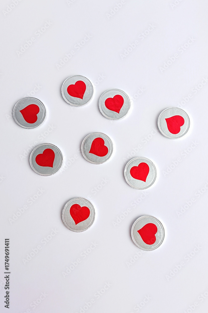 custom made wallpaper toronto digitalRound white stickers with red heart symbols arranged on clean white paper in simple minimal style
