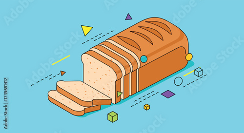 A simple loaf of sliced white bread is depicted on a bright cyan background with abstract geometric shapes.