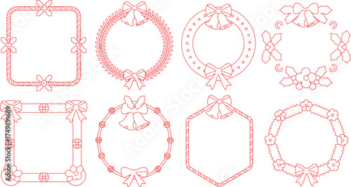 Red Christmas Holiday Frame Vectors Square, Circle, Hexagon, Holly, Bells, Flowers, and Bows