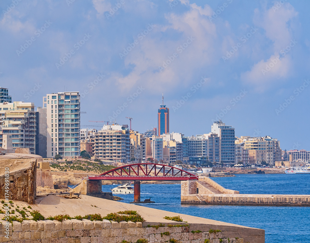 custom made wallpaper toronto digitalRed breakwater bridge frames Grand Harbour with limestone ramparts and city skyline rising beyond vivid blue Mediterranean