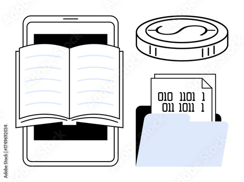 Open book on tablet, coin with loop, data sheet in folder highlight reading, digital currency, coding, data management, education, technology blockchain. Ideal for tech education e-books finance