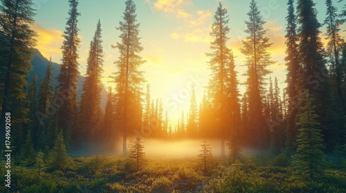 Sun breaking through misty trees in a forest with a golden sky