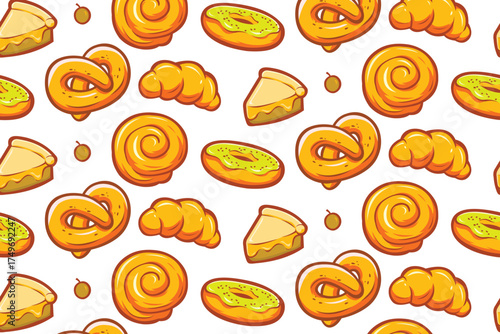 Cake croissant bakery donut pastry doodle art seamless background vector isolated