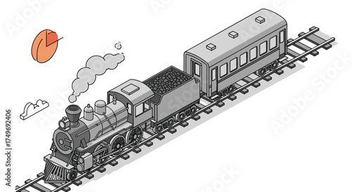 A vintage steam locomotive pulls a passenger car along a railway track.