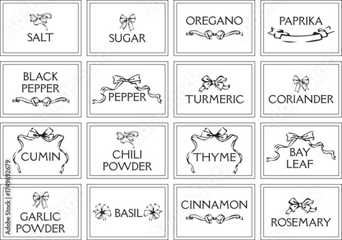 Vintage spice label set black and white minimalist design, printable kitchen jar tags for herbs and seasonings, elegant pantry organization template with classic decorative frame style