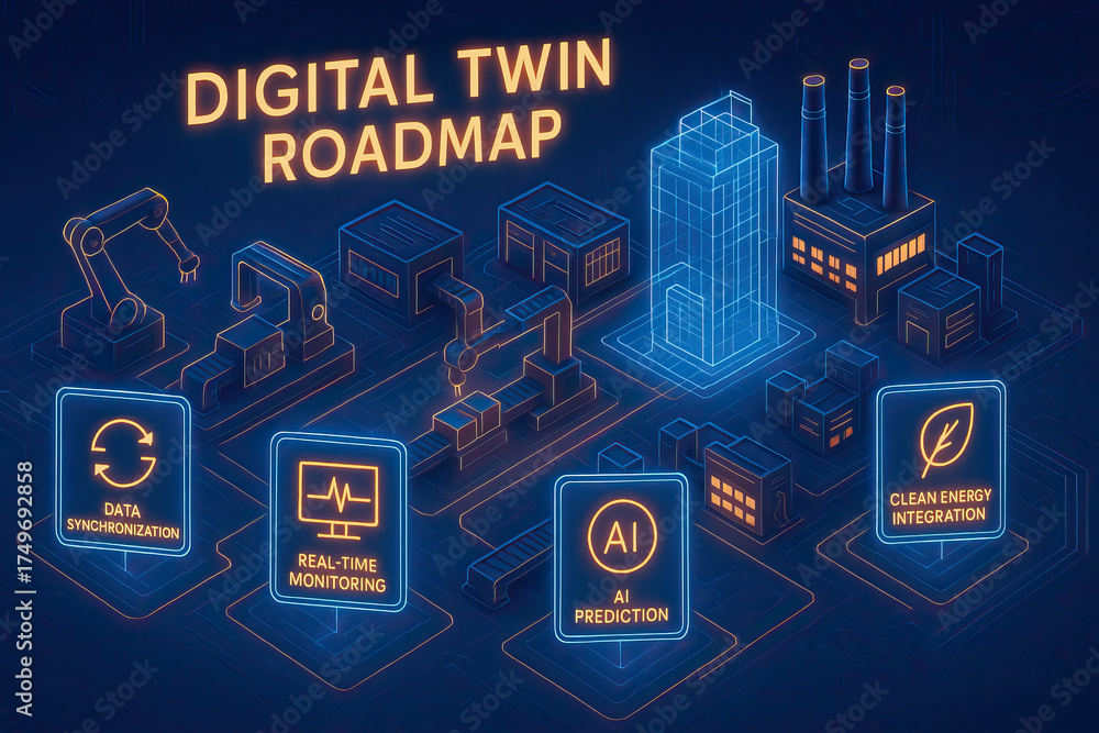 Fototapeta premium Futuristic digital twin roadmap concept showing industrial buildings, robotics, AI prediction, and clean energy. Ideal for smart manufacturing, automation, and Industry 4.0.