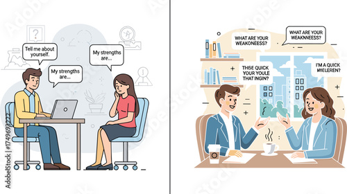 Funny job interview illustration showing awkward candidate responses, office setting, HR conversation, hiring process, and workplace communication humor vector art.