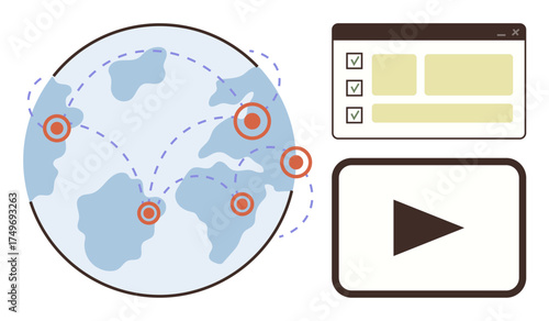Globe with connected points, web dashboard with checklists, play button. Ideal for remote work, networking, online tools, video sharing, global access collaboration communication. Simple flat