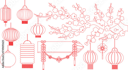 Red Line Art of Chinese Lanterns and Plum Blossoms for Festive Lunar New Year