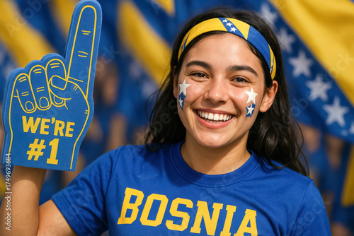 Happy Bosnian Woman Smiling with Foam Finger and National Flags
