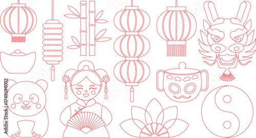 Red Line Art Panda, Lanterns, Bamboo, Girl, Dragon, YinYang, Chinese New Year Icons