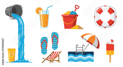 Summer vacation beach and pool accessories for outdoor leisure activities.
