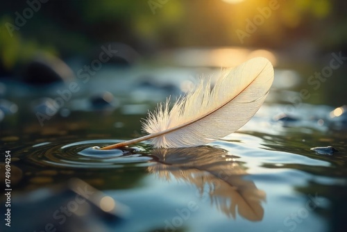 A single, delicate feather floats gently on a rippling stream, sunlight catching its intricate structure The scene evokes a sense of lightness and ethereal beauty , peaceful, organic, close-up