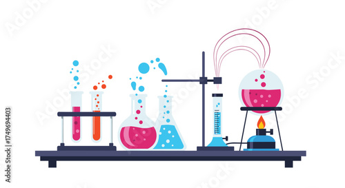 A collection of colorful liquids bubbling and reacting in various laboratory glassware and equipment on a white background.