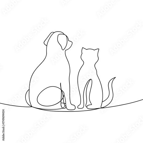 Dog and cat sitting together in continuous line drawing style  