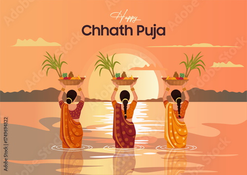 Sunrise Chhath Puja festival illustration – Indian tradition of worshipping the sun