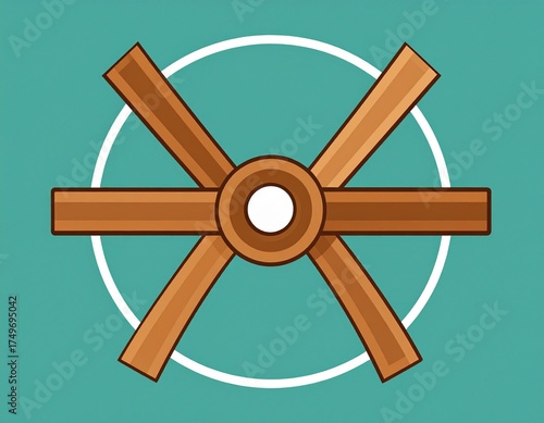 Rotating wooden elements: A simplistic illustration of a symmetrical wooden design, depicting a circular arrangement of intersecting elements on a vibrant backdrop.