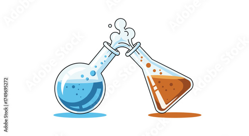 Two colorful liquids in laboratory flasks bubbling and reacting to create a science experiment.