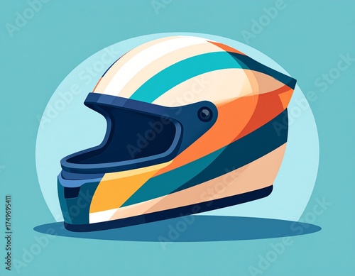 Helmet Design: An artistic representation of a sleek, colorful helmet. The design features a vibrant mix of stripes against a plain background. Capturing the spirit of speed, safety.