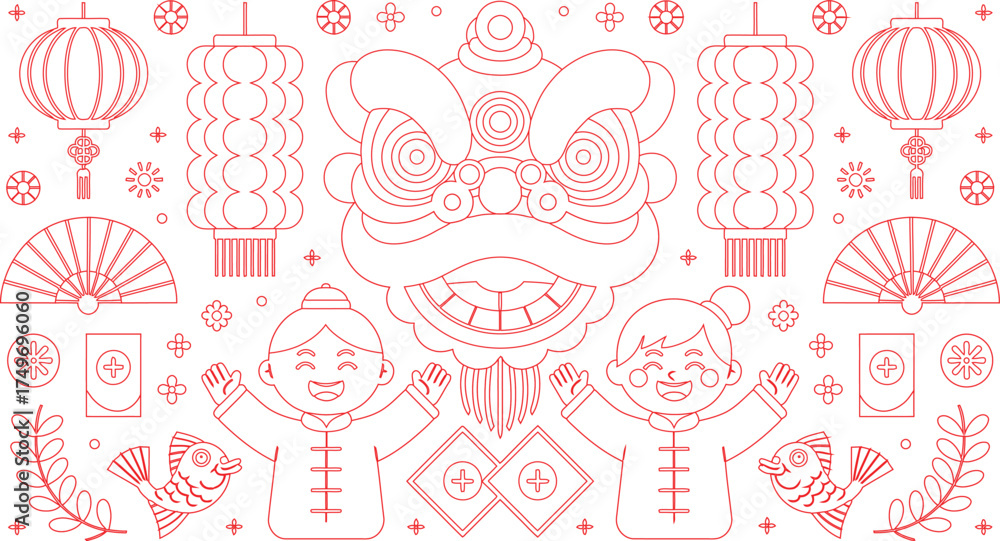 Fototapeta premium Red Outline Chinese New Year Lion Dance, Lanterns, Children, and Festive Decorations