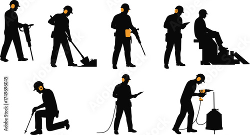“Industrial construction workers silhouettes with safety gear operating tools, welding, digging, jackhammering, machine control, teamwork, inspection, and site maintenance vector illustration”