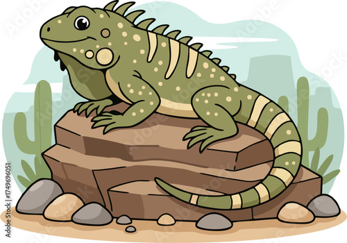Cute Cartoon Iguana Vector Illustration on Rock in Desert Landscape with Cactus – Child-Friendly Reptile Clipart