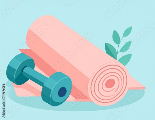Fitness Essentials: A yoga mat, dumbbell, and leafy green branch, illustrating an ideal environment for wellness and fitness.
