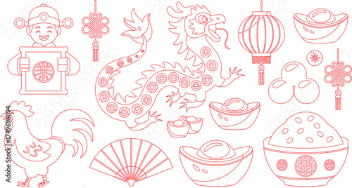 Red Outline Chinese New Year Symbols Dragon, Boy Holding Sign, Rooster, Lantern, Gold Ingots