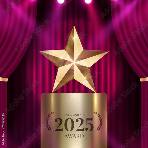 Best company of the year award with spotlight and curtains background. Best Award gold laurel wreath badge logo design tree star vector illustration isolated on different backgrounds.