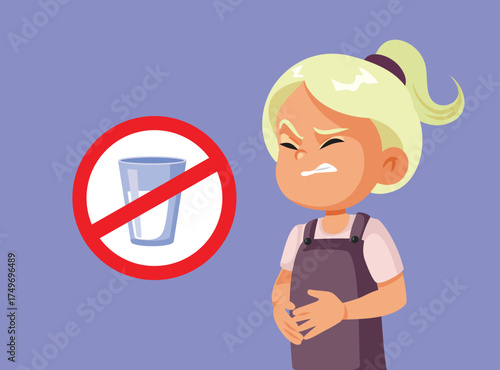 Lactose Intolerant Girl Suffers Bellyache After Milk Glass Vector Illustration. Unhappy kid having side effects after consuming diary
