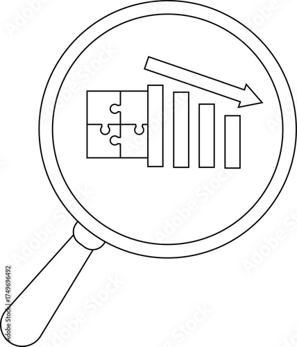 A magnifying glass encompasses a descending bar graph an arrow pointing downward and adjacent puzzle pieces