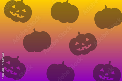 オレンジと紫のグラデーションにジャックオーランタンが並ぶハロウィン背景イラスト