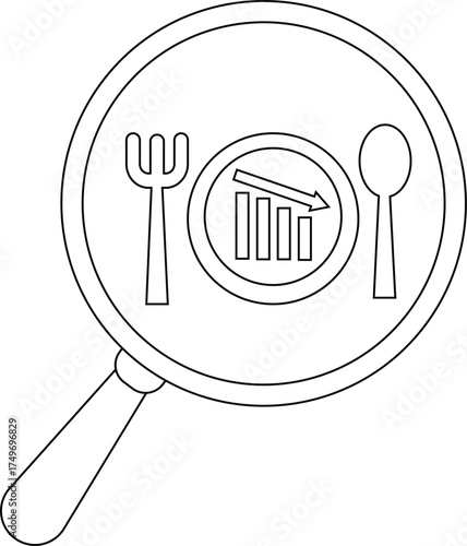 A magnifying glass focusing on a plate with a fork spoon and descending bar graph on it