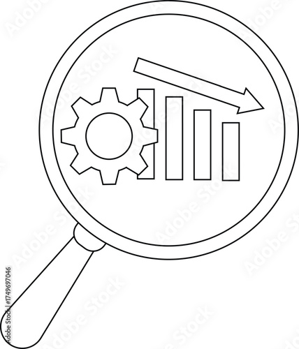 A magnifying glass highlights a gear a descending bar chart and a downward arrow
