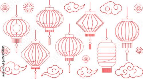 Red Outline Drawing of Asian Lanterns, Clouds, Sun, and Flowers on White Background