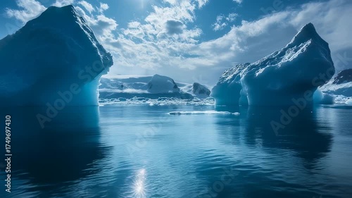 Majestic Icebergs Float Serenely in Antarctica's Frozen Waters under Dramatic Skies