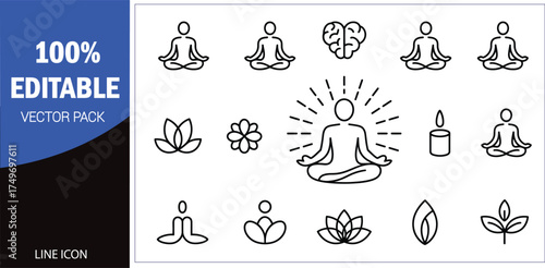 Yoga and Meditation Line Icon Set lotus position brain