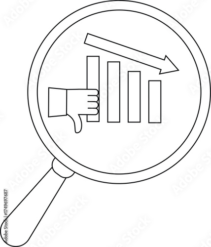 A magnifying glass shows a chart a downward arrow and a thumbsdown