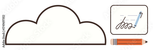 Cloud outline, digital signature with pen, and pencil highlight digital storage, editing, authentication. Ideal for technology, data security, document management, creativity remote work