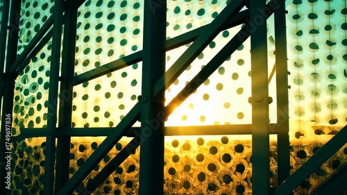 Sunset seen through industrial scaffolding and perforated metal screen.