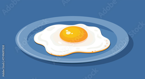 A single sunny side up egg is served on a blue plate ready for breakfast.