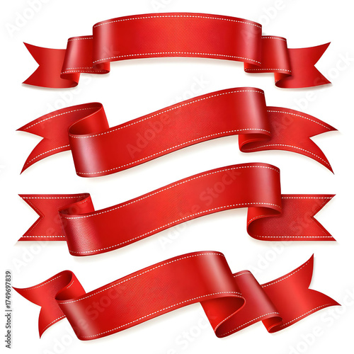 Elegant Crimson Banners: A collection of intricately designed crimson banners with graceful curves and subtle stitching details, perfect for adding a touch of sophistication.