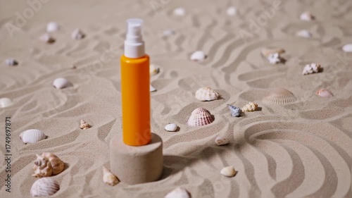 Sunscreen Bottle on Sand with Seashells for Summer Skincare.