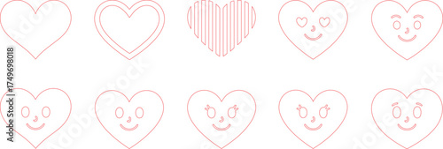 Red Outline Hearts with Various Designs, Including Solid, Striped, and Smiley Face Hearts