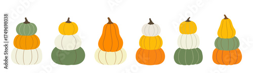 Autumn stacked pumpkins set flat stock vector illustration.
Element design for harvest festival, Thanksgiving. 
White background.
