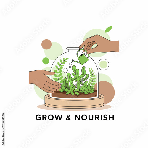 Cultivating Greenery Hands Nurturing Plants in a Glass Terrarium, Symbolizing Growth and Care